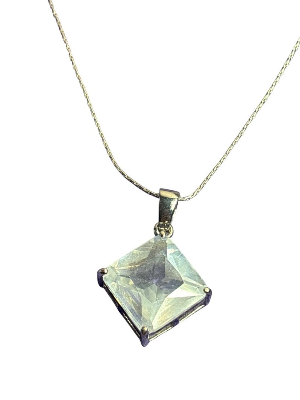 Clear Glass Rhinestone Pendant Necklace Dainty Silvertone Chain 15 - 18 inches